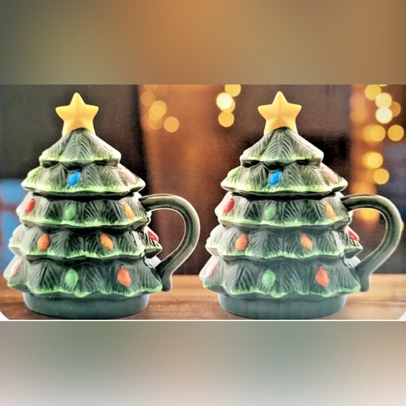 Mr Christmas 2 Lidded Tree Mugs 16 Oz Ceramic Hand Painted 90th Anniversary - Picture 1 of 9
